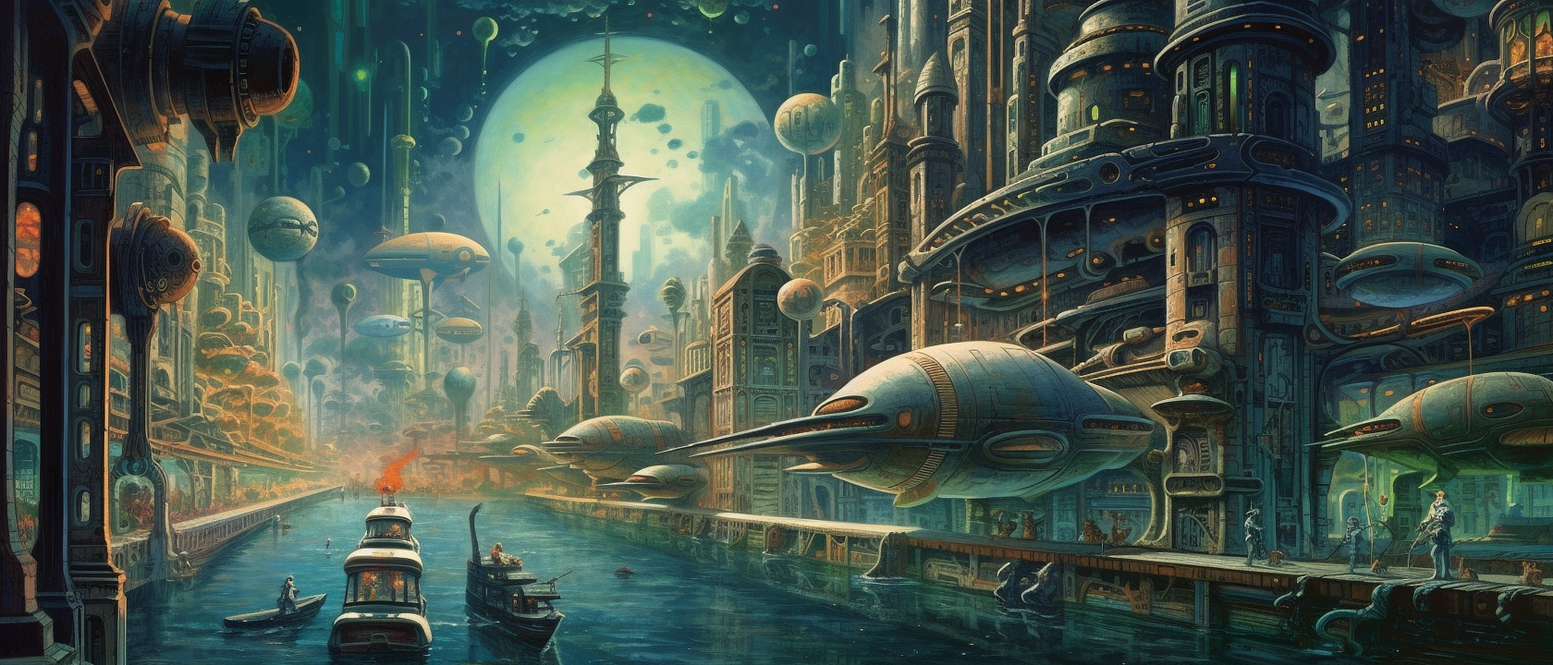 a city with ships and buildings