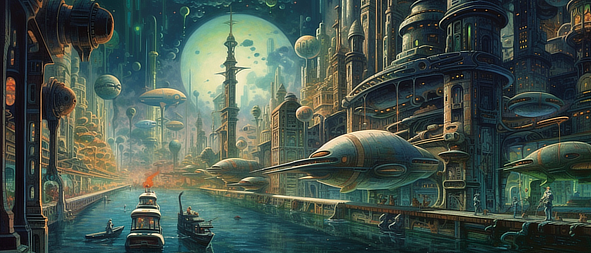 a city with ships and buildings