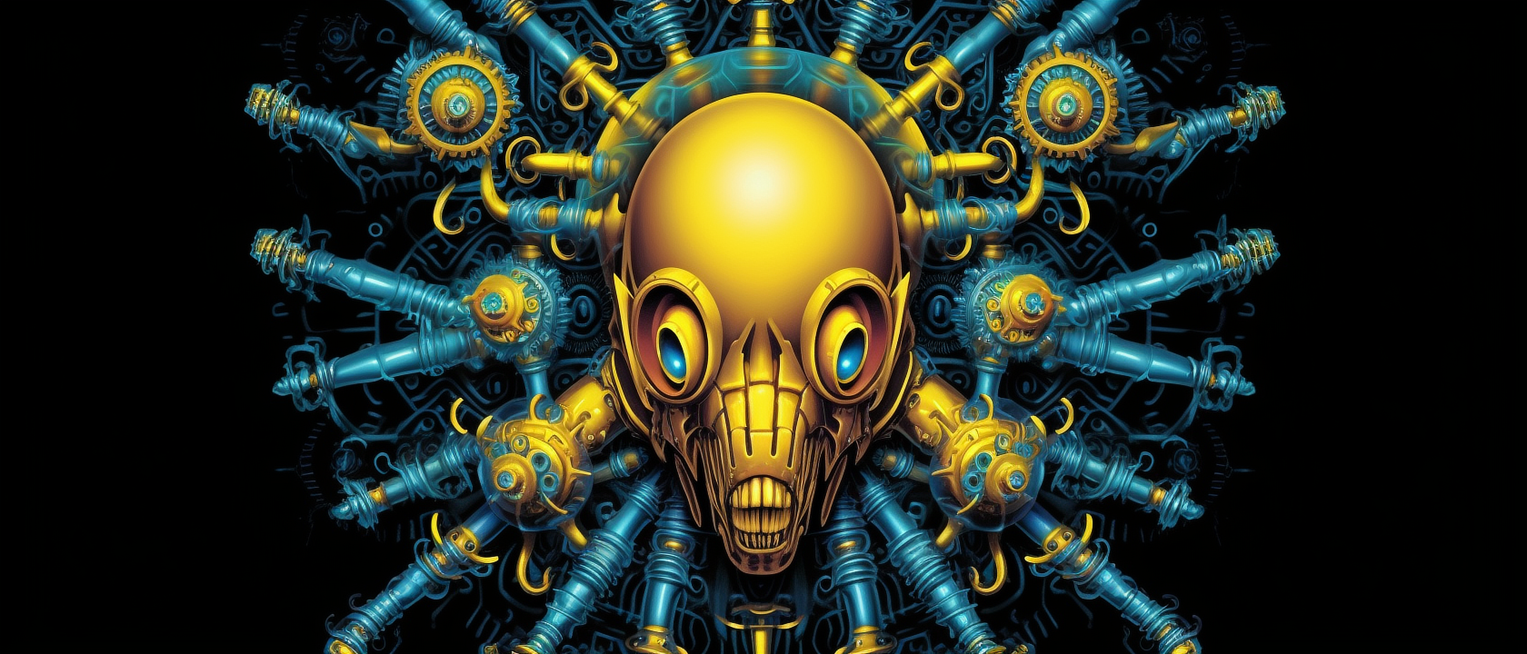 a gold skull with blue and yellow gears