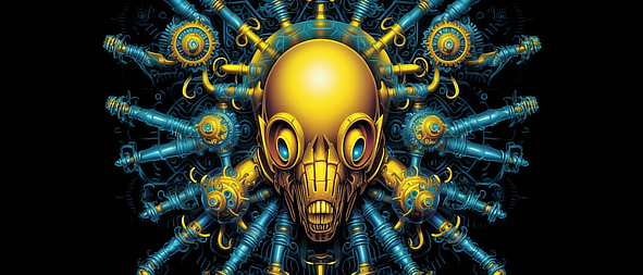 a gold skull with blue and yellow gears