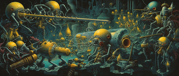 a artwork of robots in a deep ocean