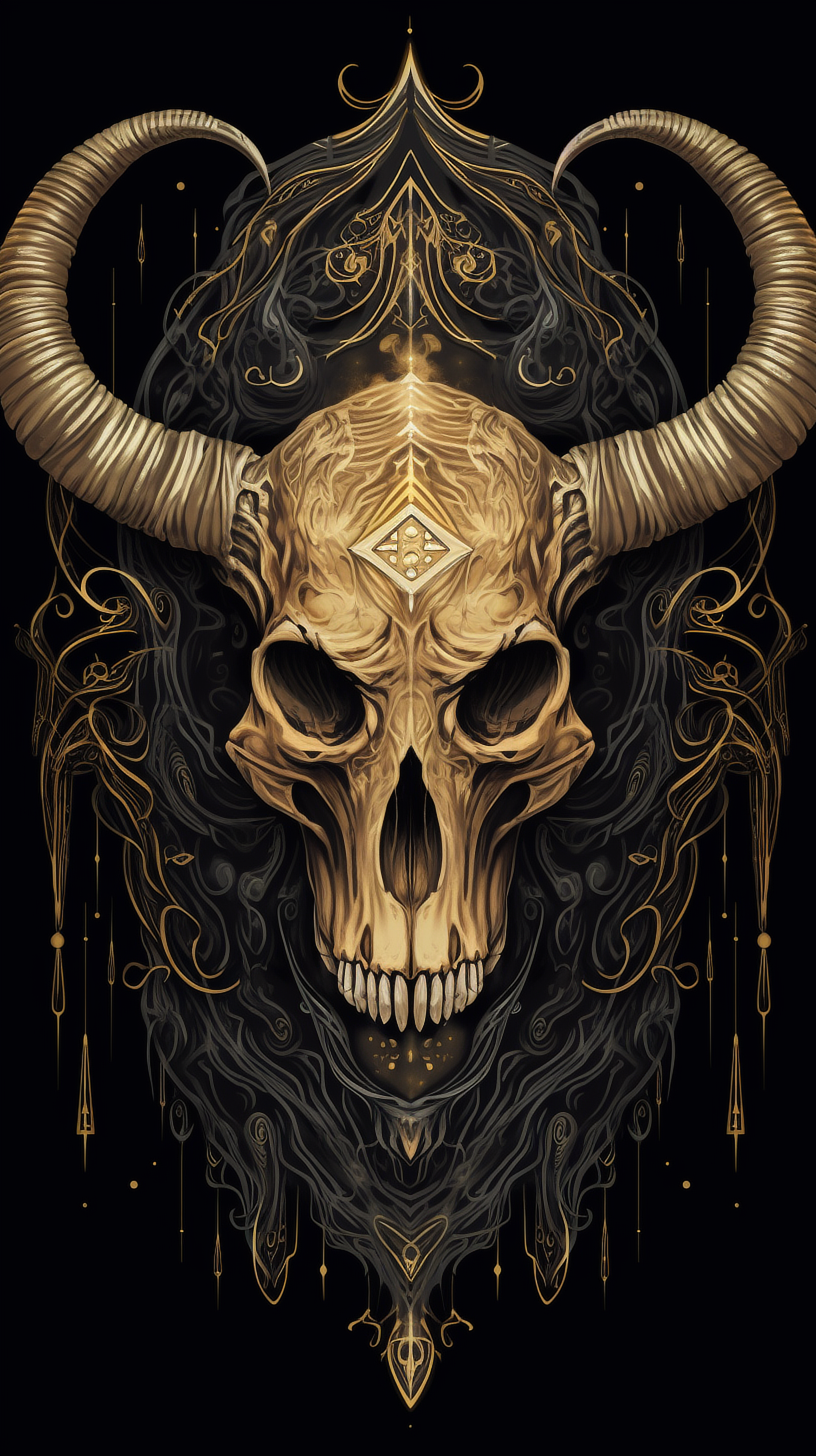 a skull with horns on a black background