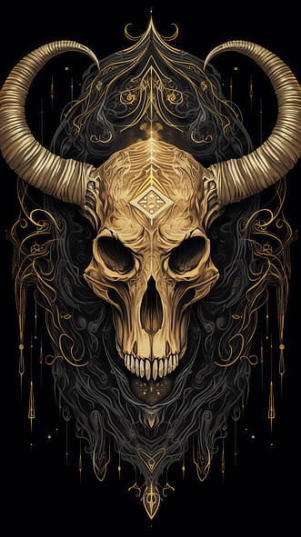 a skull with horns on a black background