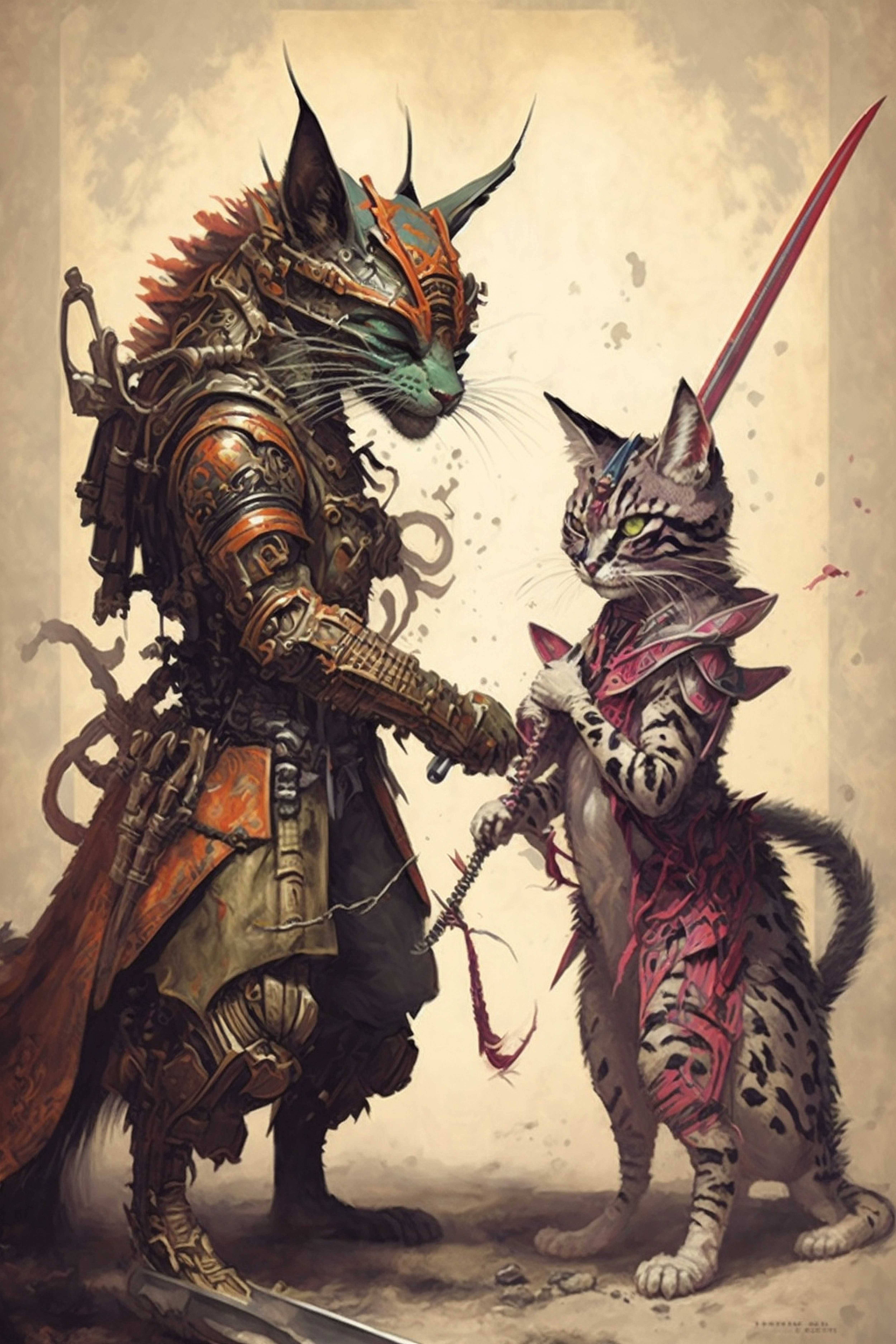 a cat in armor shaking hands with a cat