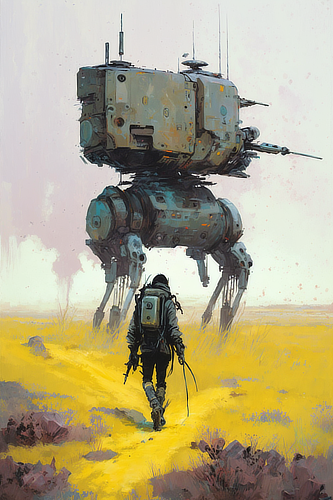 a man walking towards a large robot