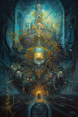 a artwork of a man standing in front of a large statue