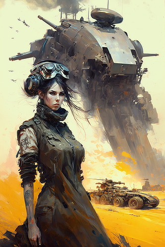 a woman in military clothes and goggles standing in front of a large military vehicle