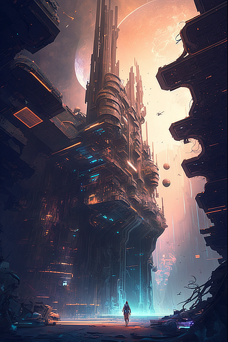 a futuristic building with many lights and a planet in the background