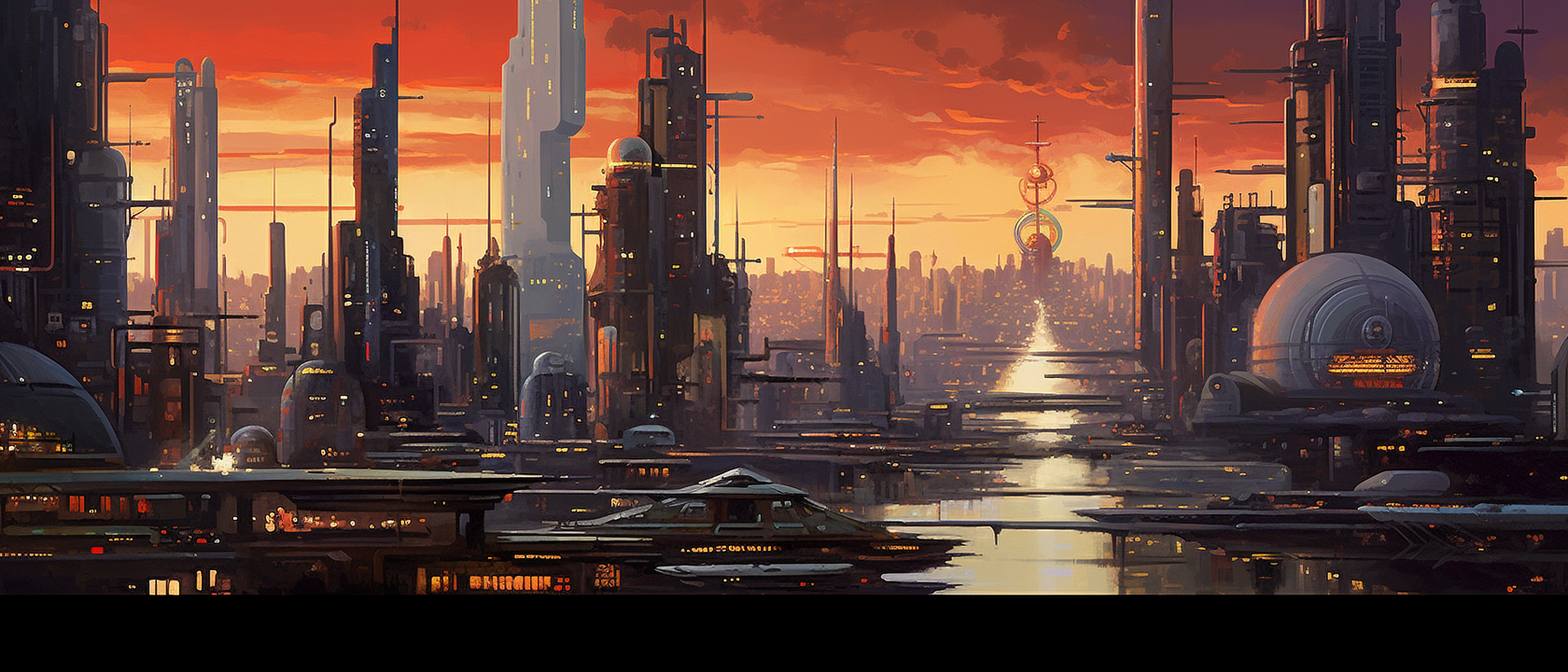 a city with buildings and ships