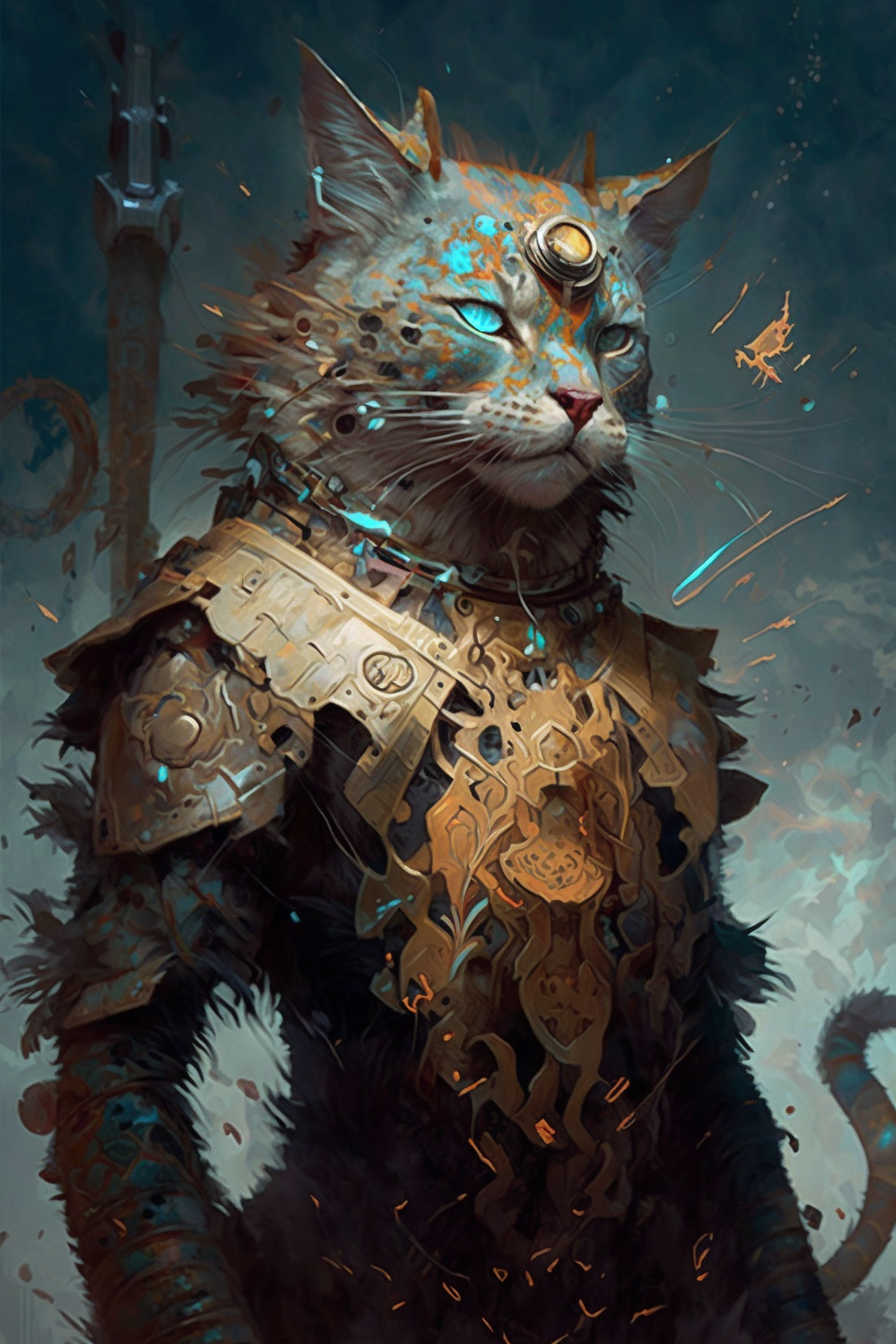 a cat in armor with blue eyes