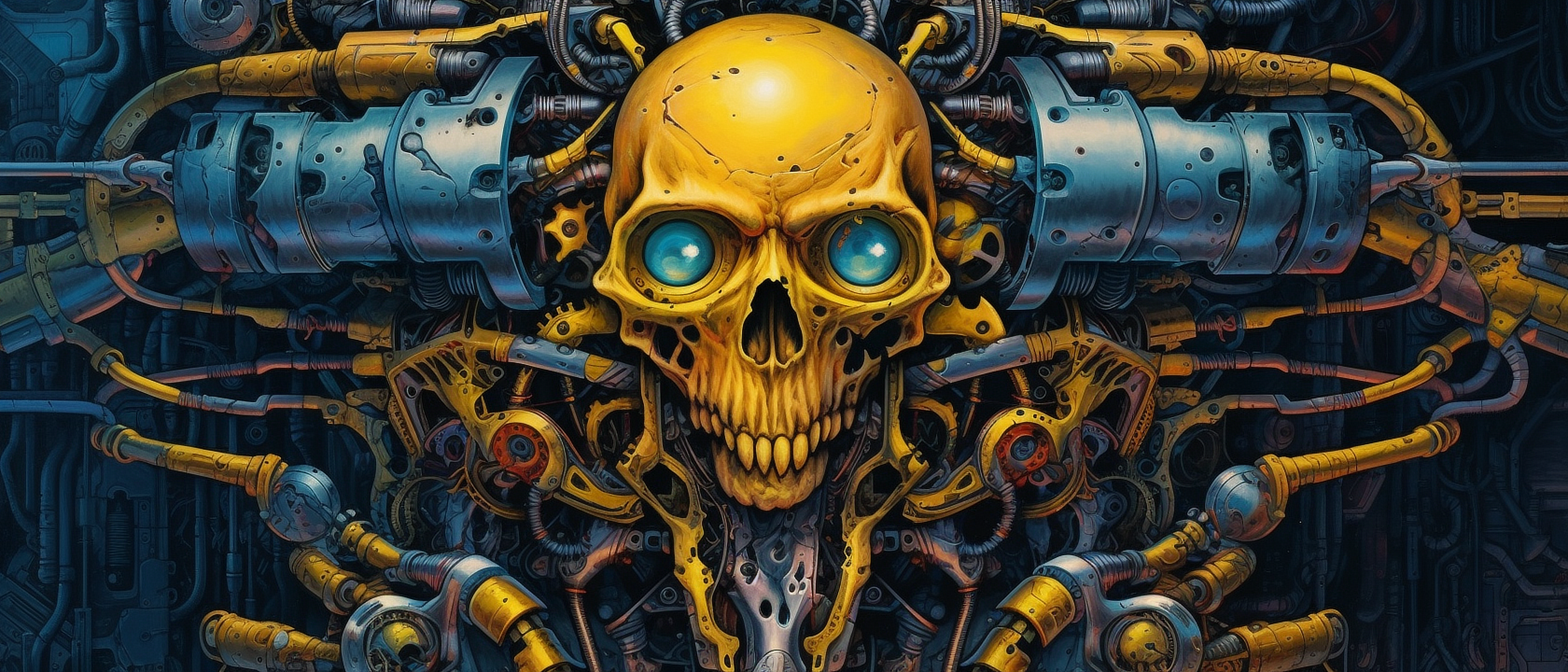 a skull with blue eyes and metal parts