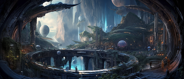 a futuristic city with a bridge and spaceships