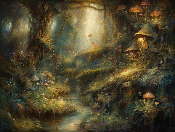 a painting of a forest with mushrooms