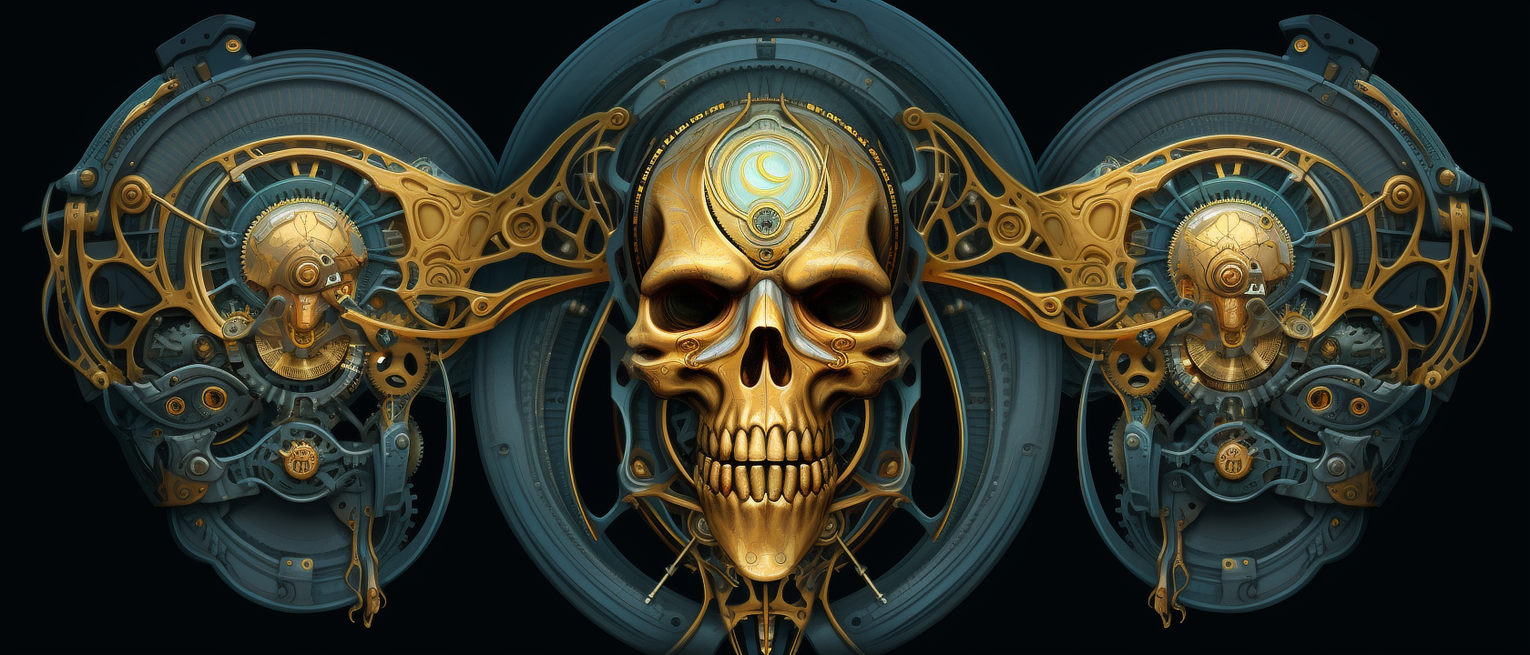 a gold skull with a blue and gold design