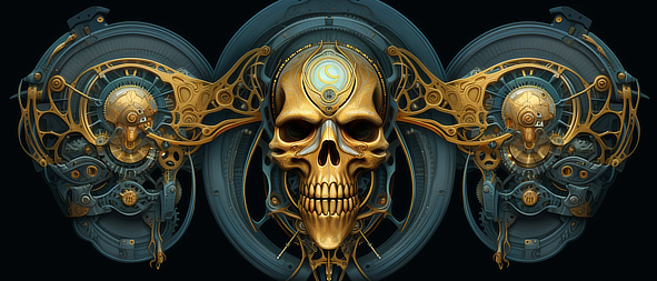 a gold skull with a blue and gold design