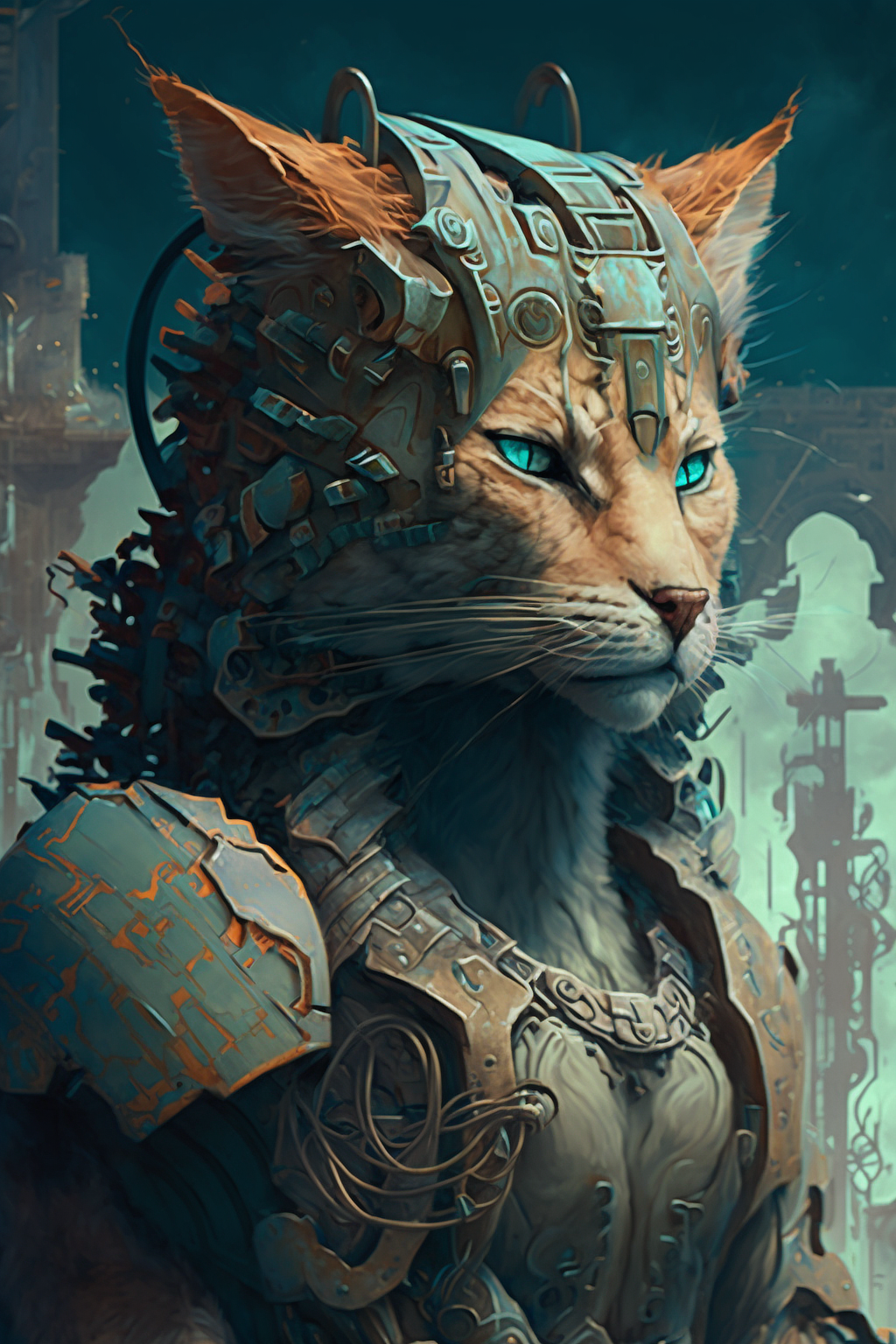 a cat in armor with blue eyes