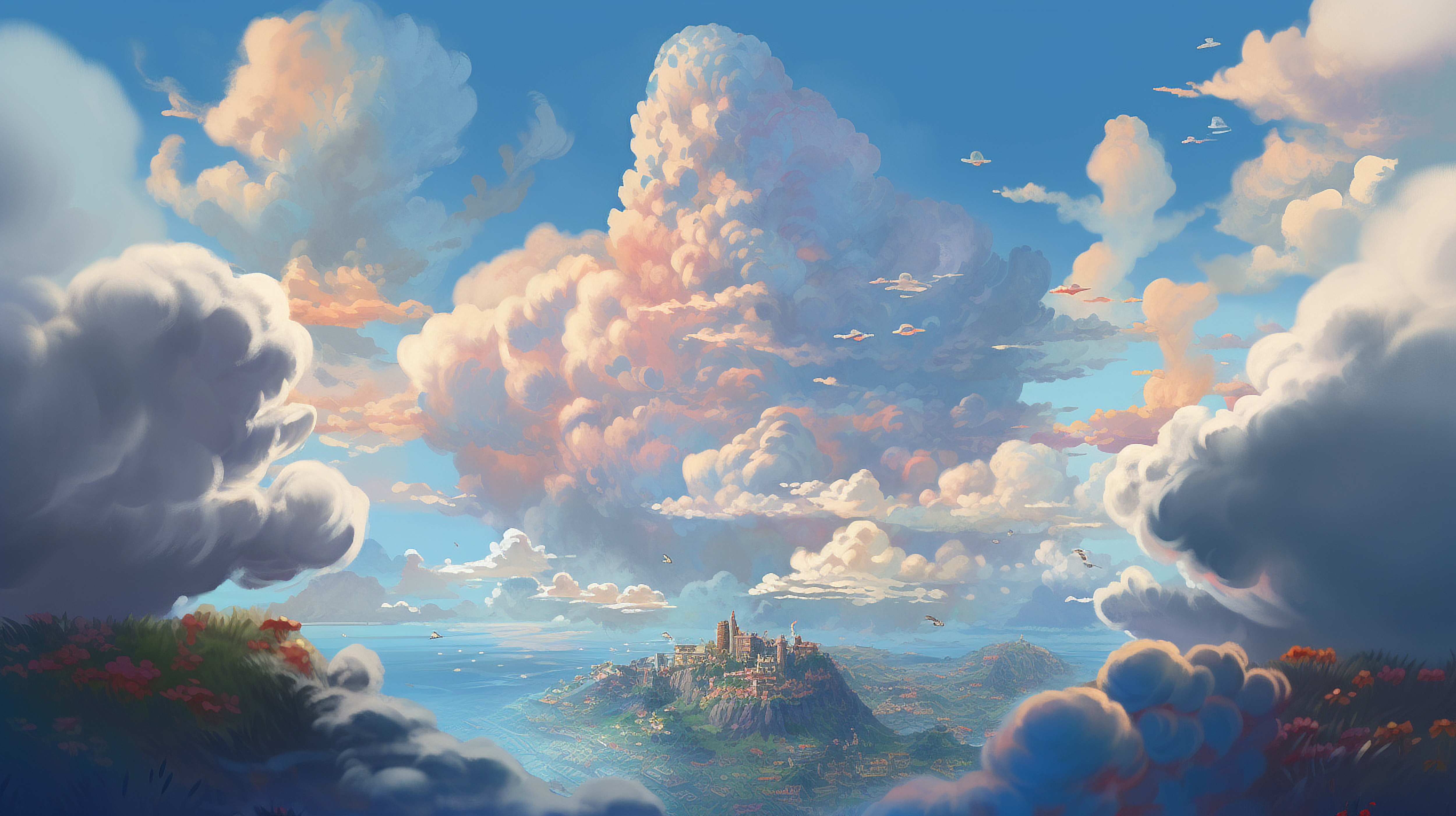 a landscape of a city with clouds
