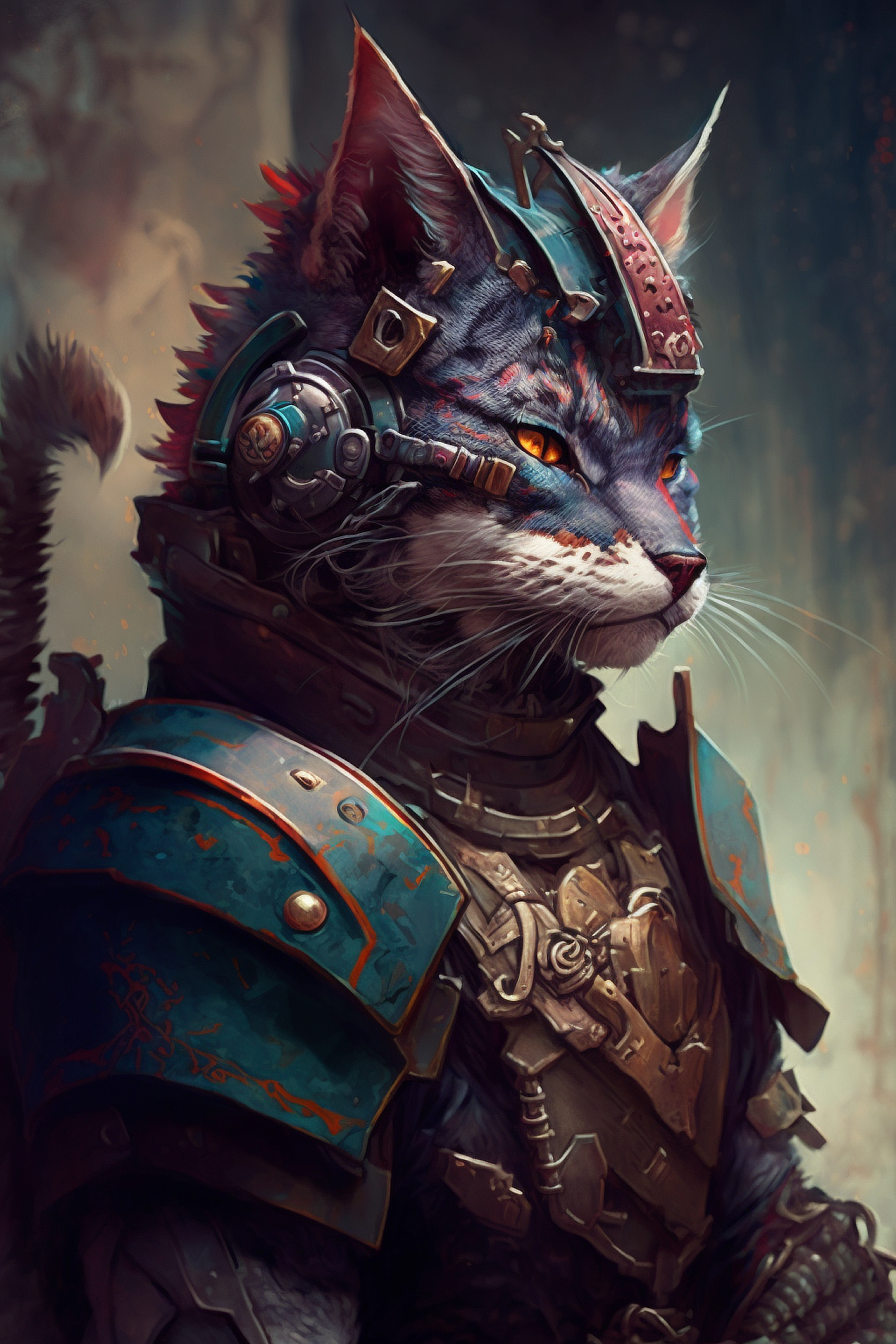 a cat in armor with orange eyes