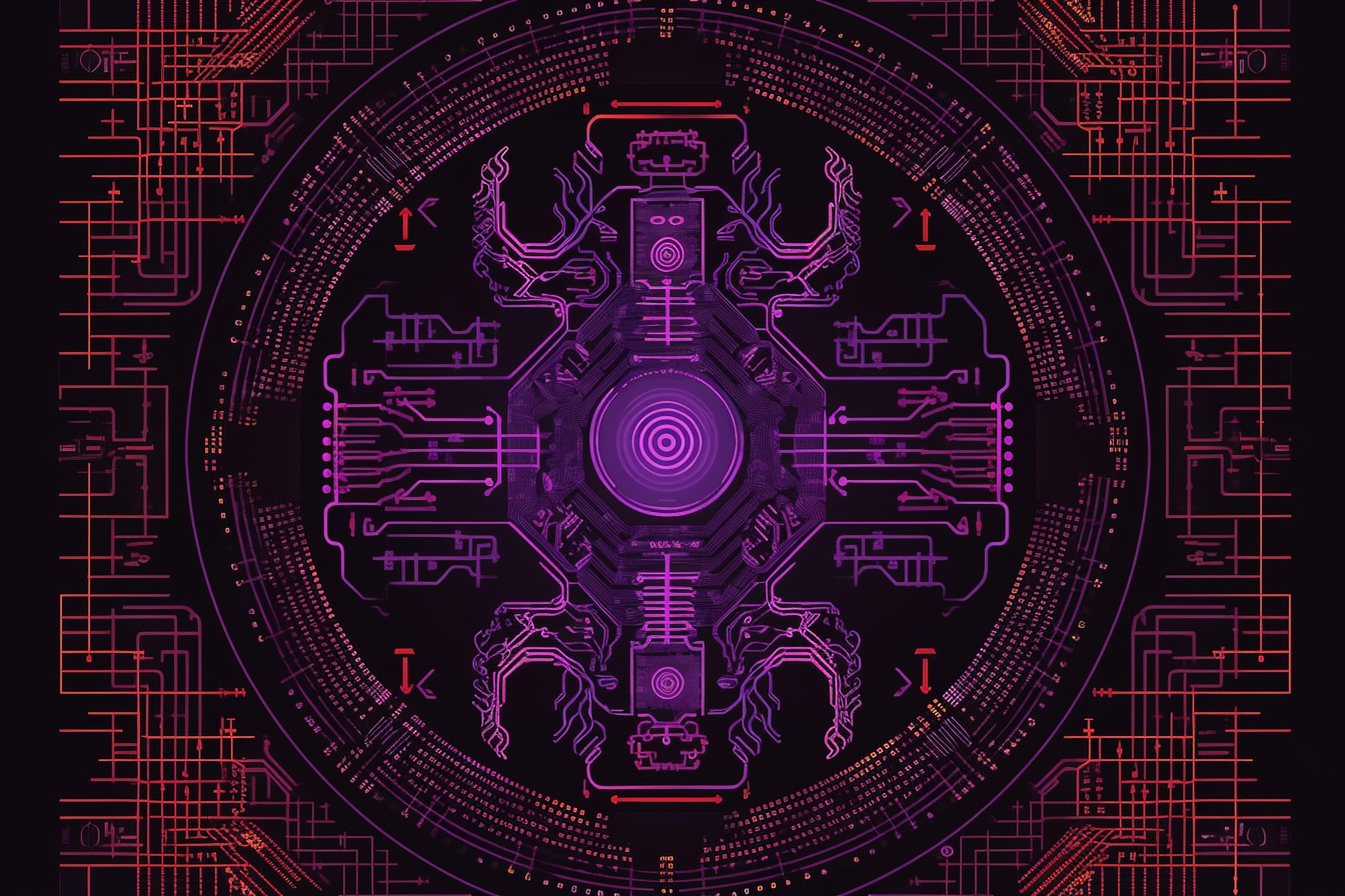 a purple and pink circular pattern with lines and dots