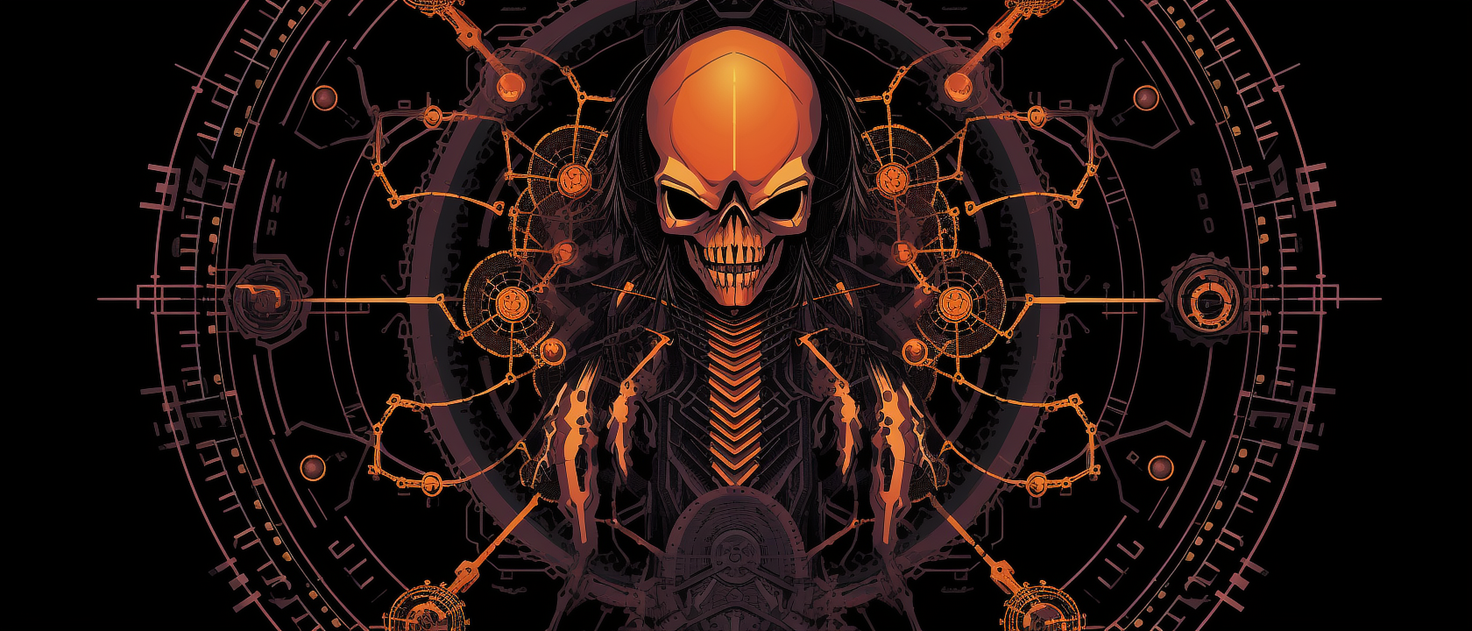 a skeleton with a machine in the background