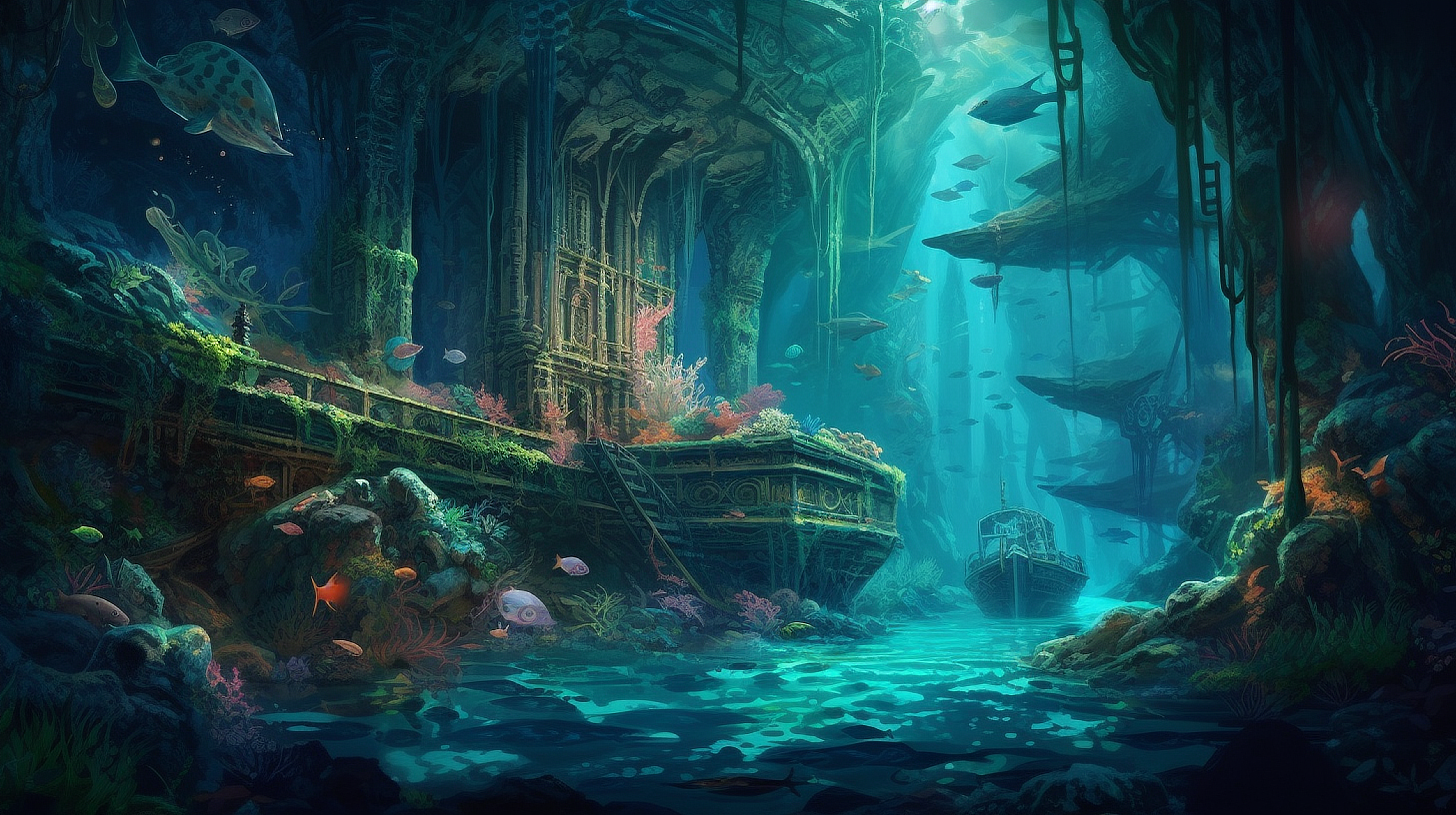 a underwater cave with a boat and fish