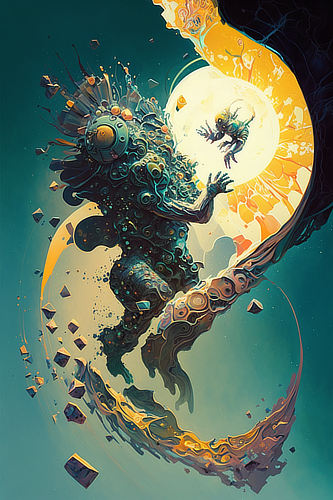 a artwork of a person reaching for a giant creature