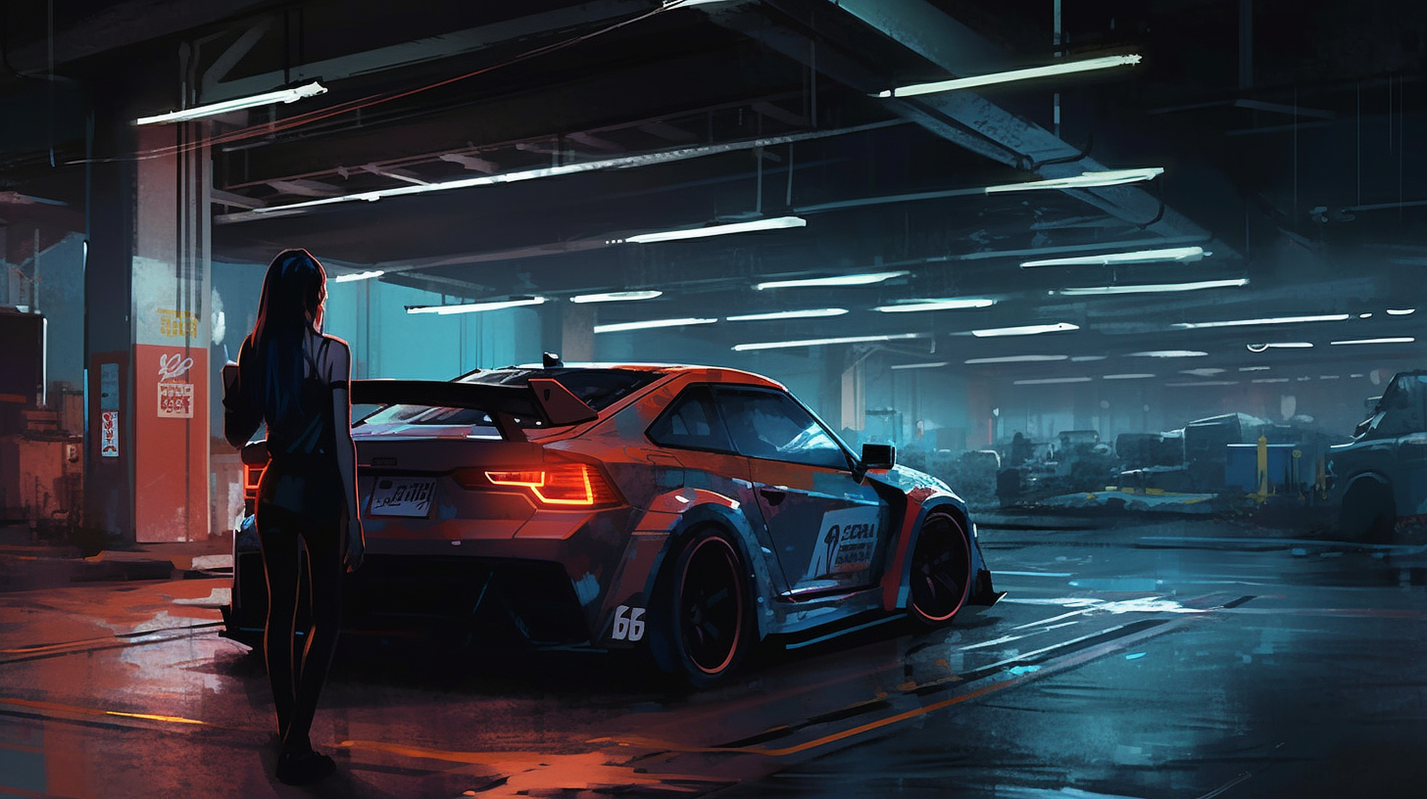 a person standing in a garage with a car