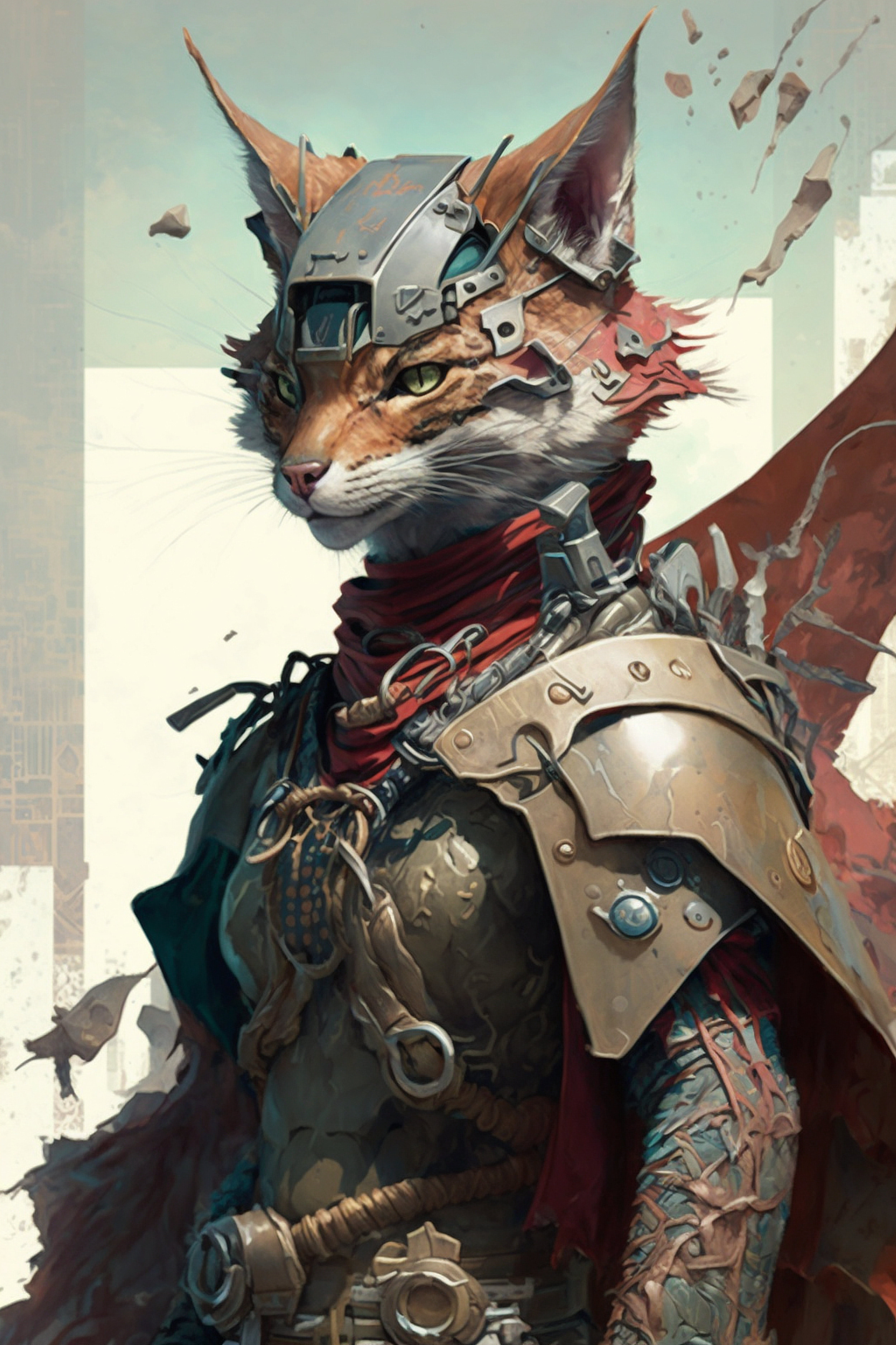a cat in armor with a red scarf and a red cape