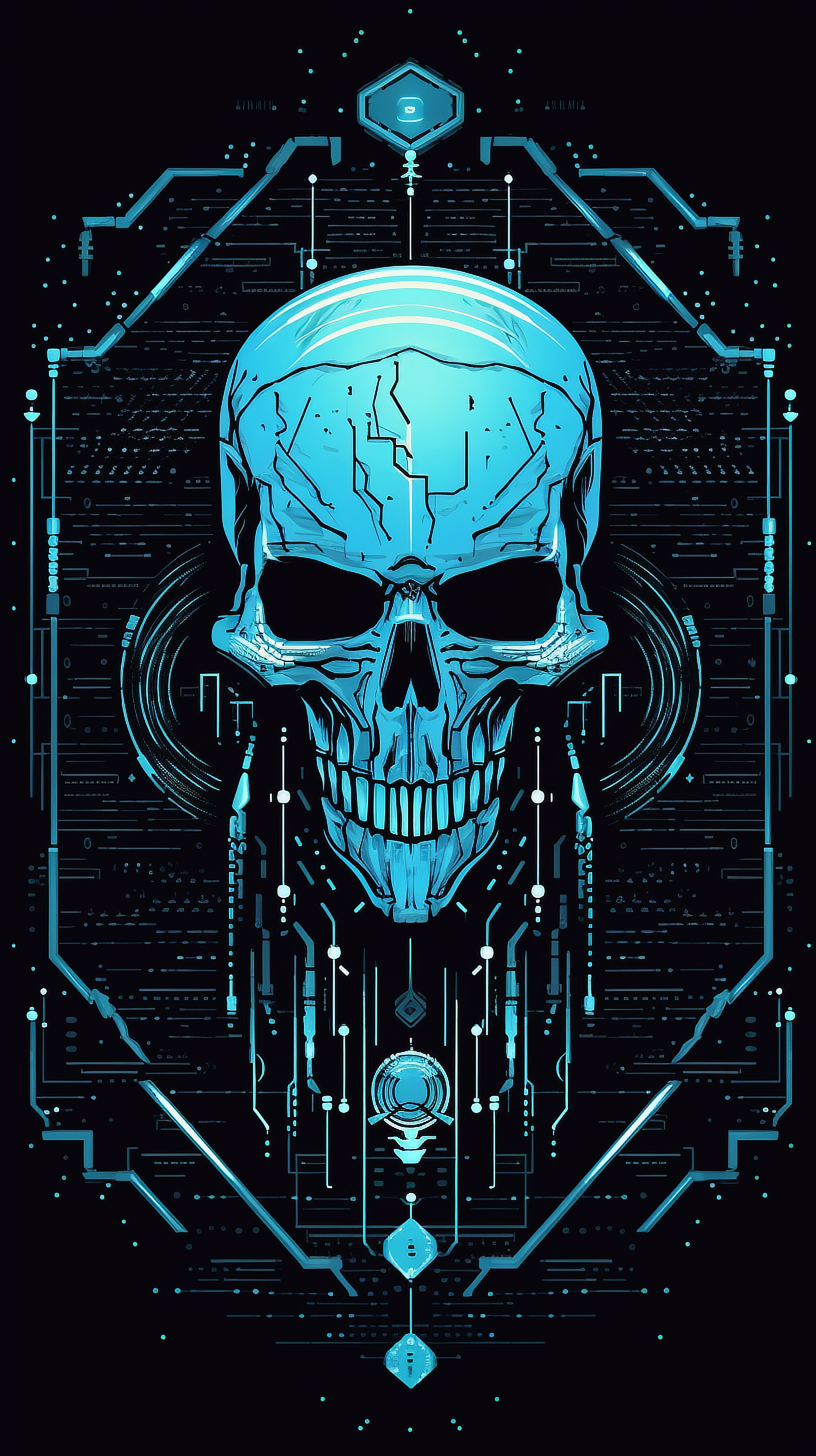 a skull with circuit board and lines