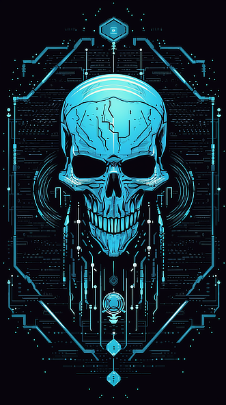a skull with circuit board and lines