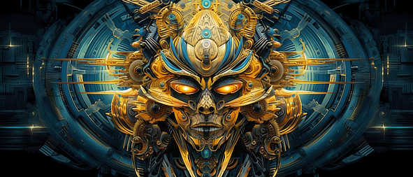 a gold and blue robot face