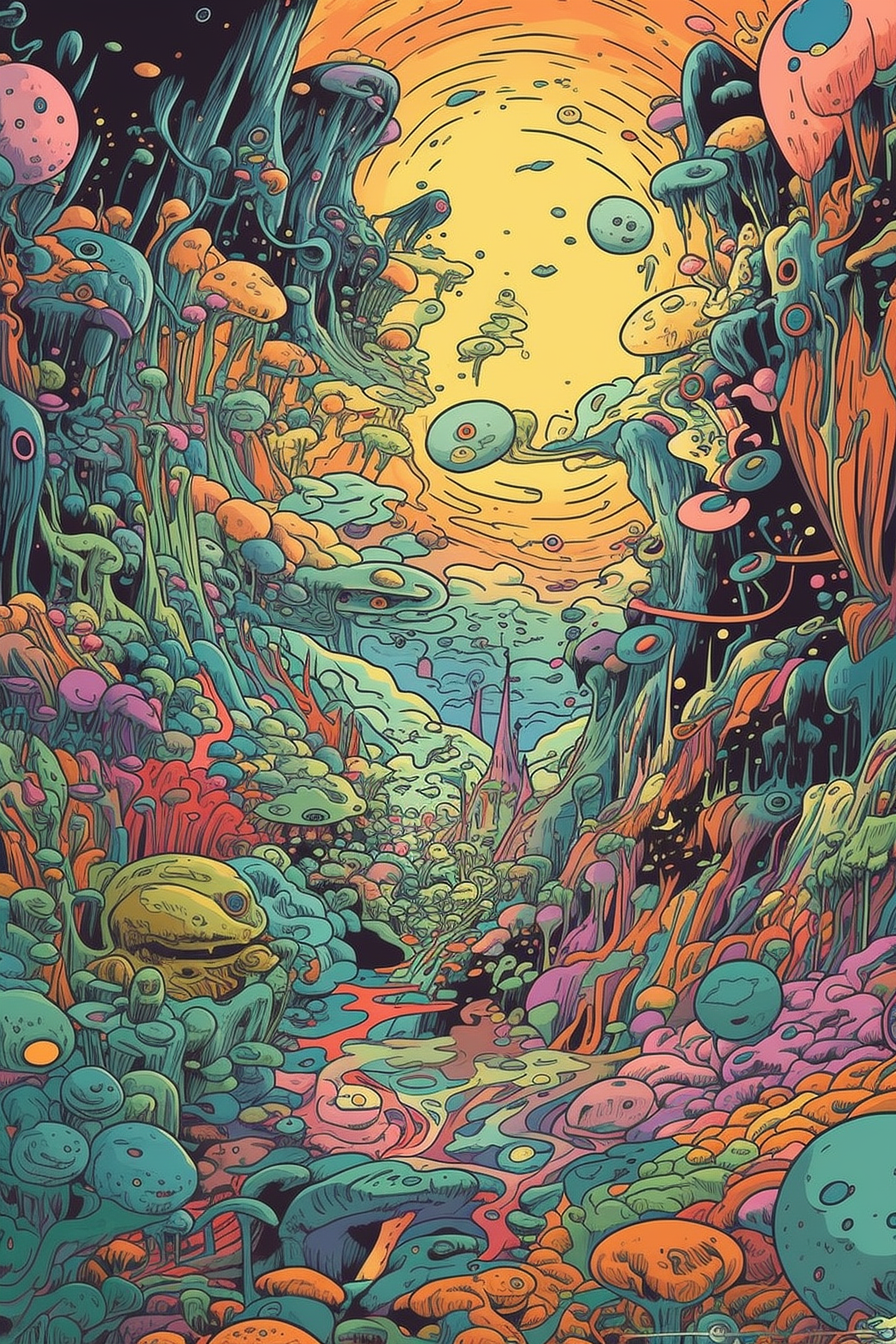 a colorful cartoon landscape with plants and plants