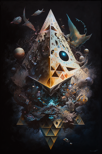 a pyramid with many different shapes and colors