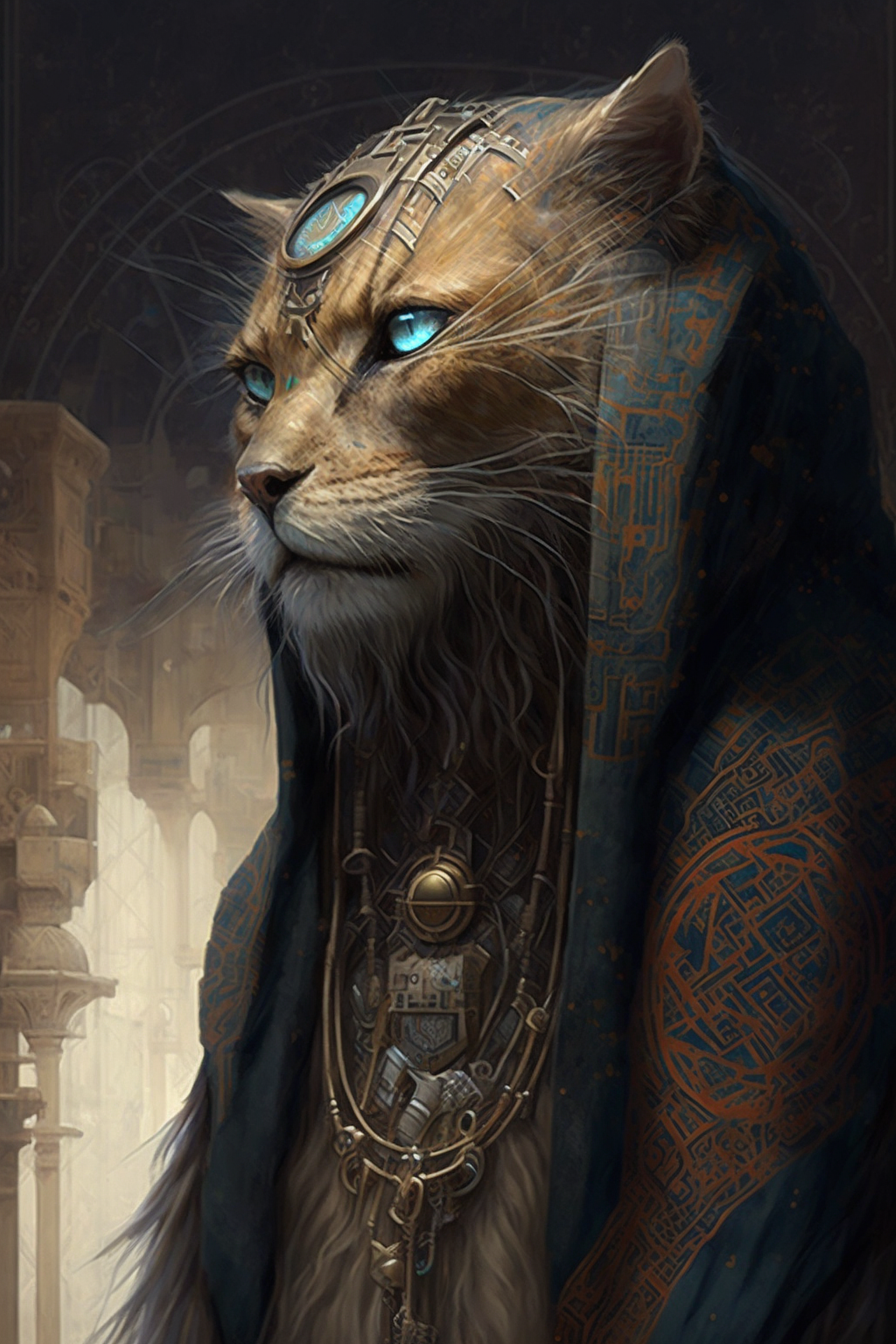 a cat with a large coat and a large necklace