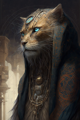 a cat with a large coat and a large necklace