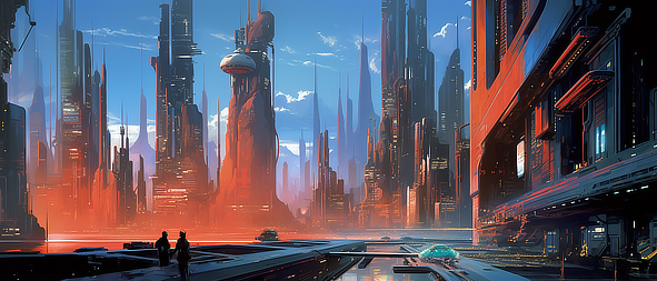 a city with tall buildings and a red light