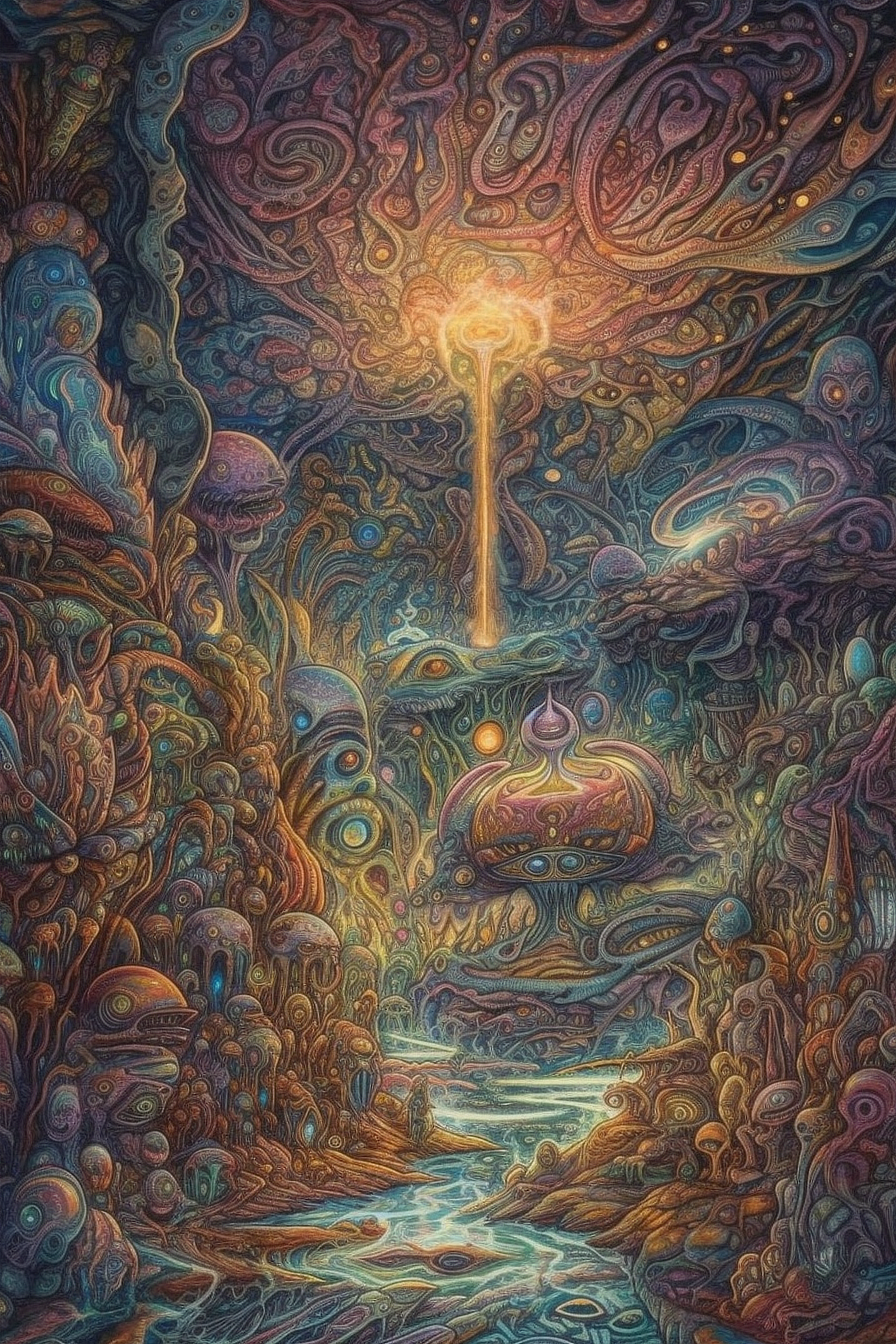 a colorful artwork with a light beam