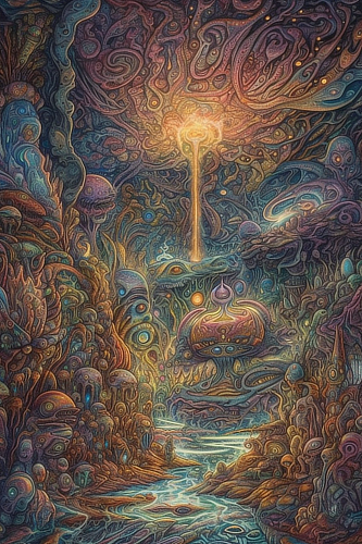 a colorful artwork with a light beam