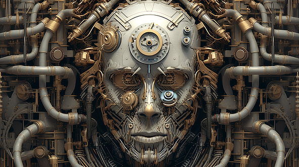 a robot face made out of metal and metal parts
