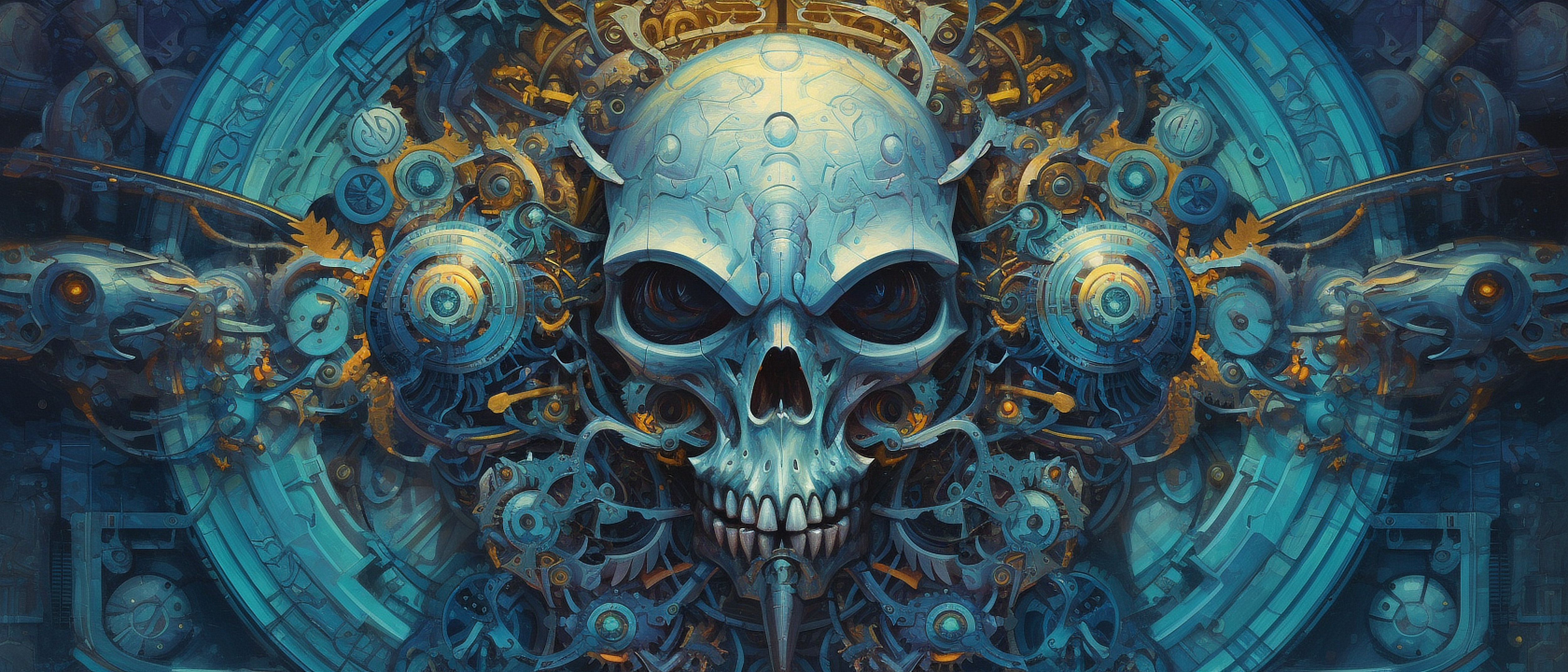 a skull with gears and a sharp pointed tip