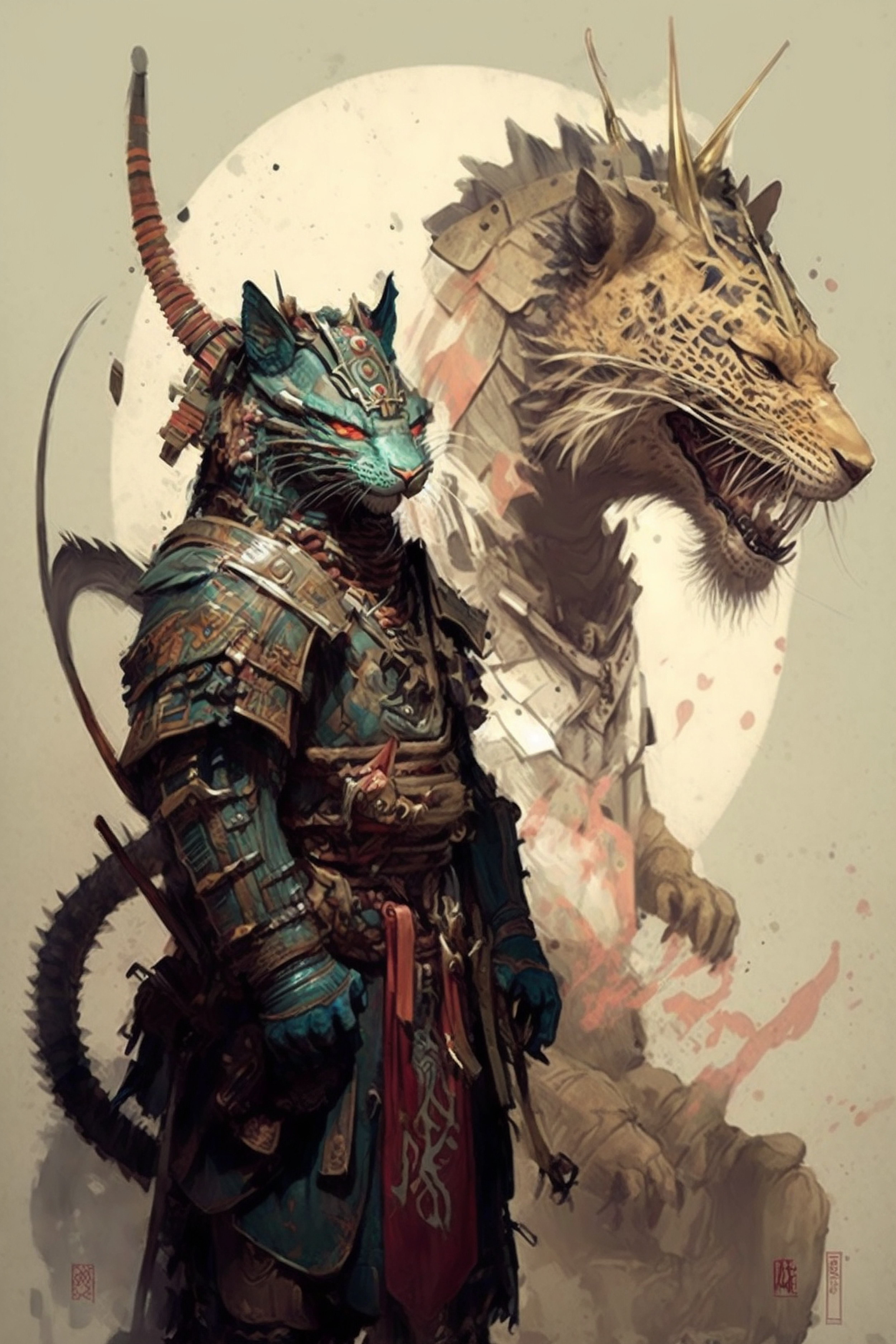 a cat in armor and a tiger