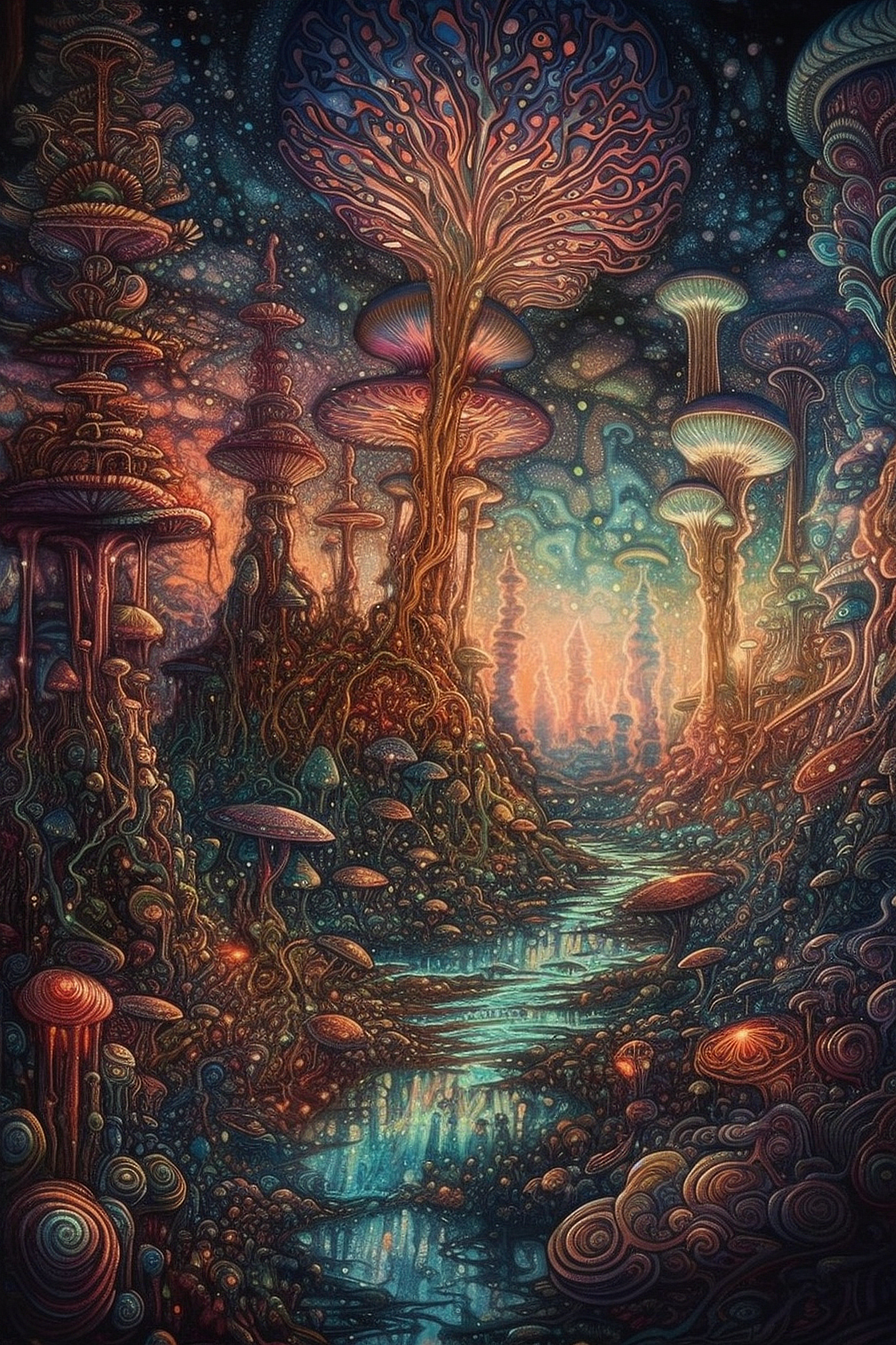 a colorful art of mushrooms and a stream