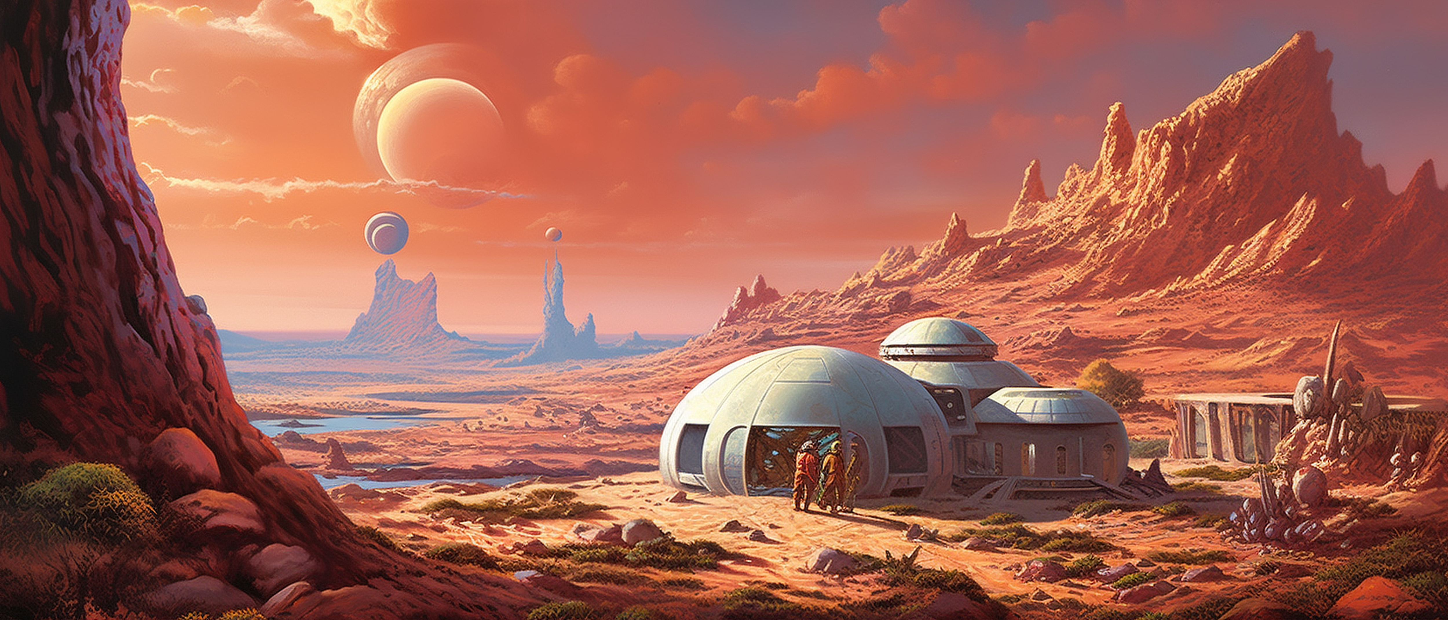 a group of people standing in front of a round building on a desert