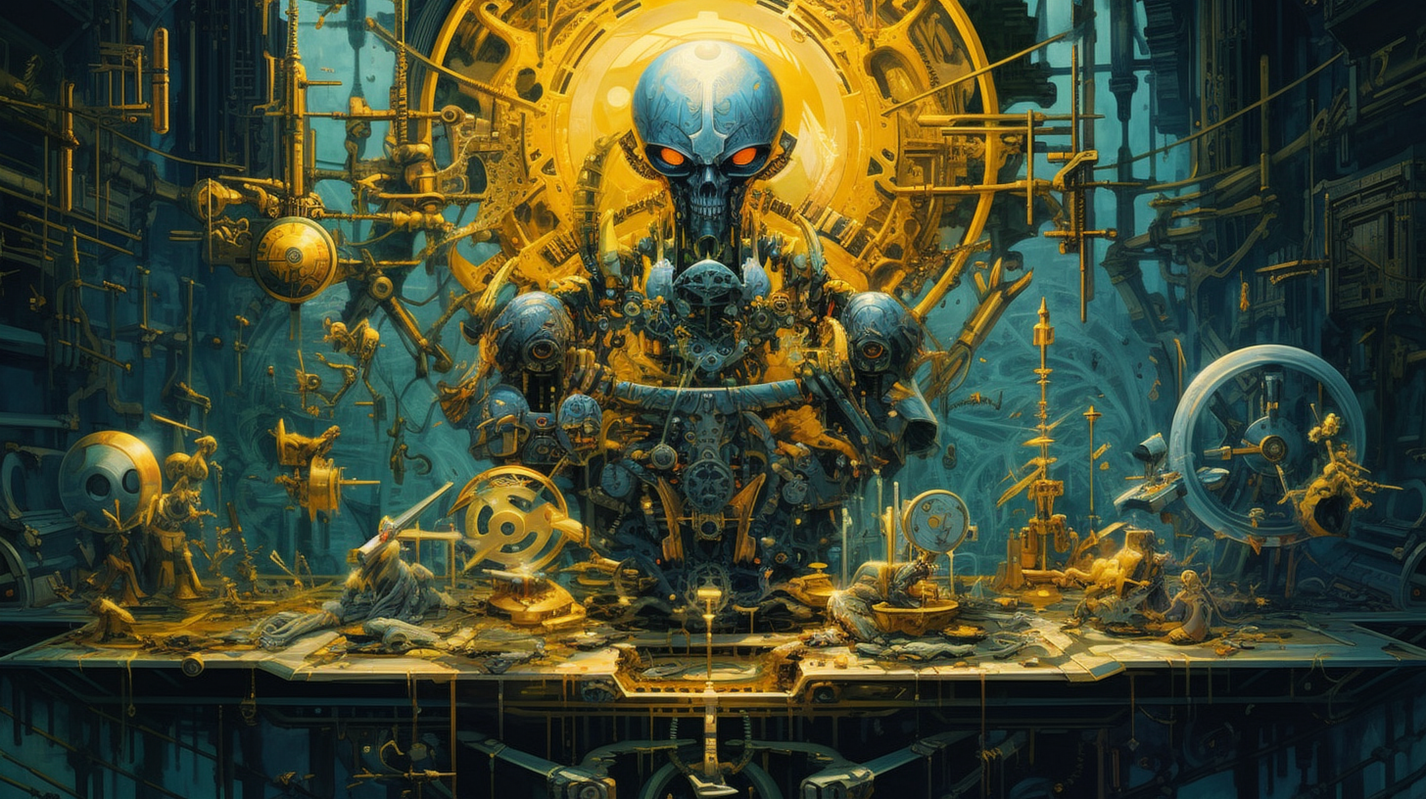 a robot sitting in front of a large yellow and blue object