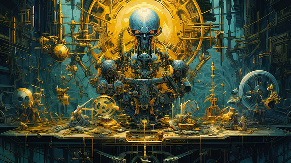 a robot sitting in front of a large yellow and blue object