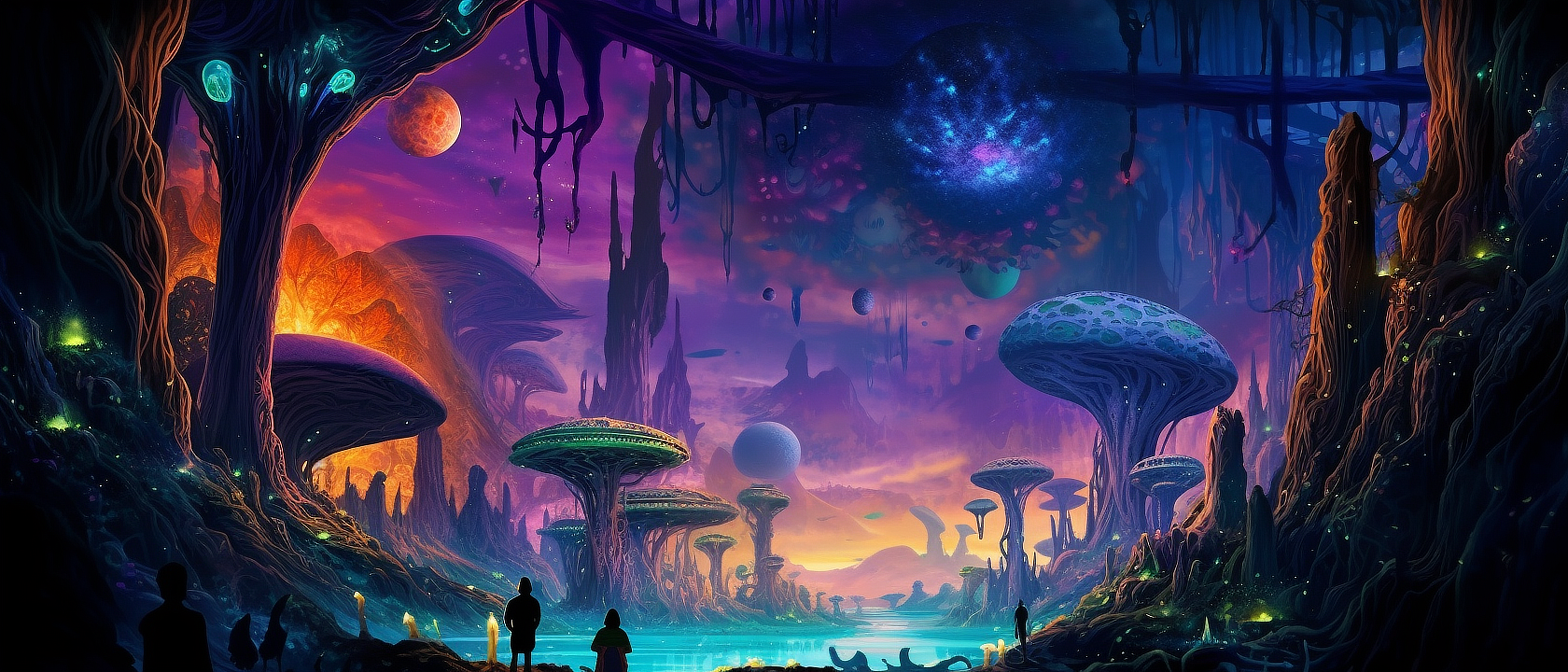 a group of people looking at a colorful landscape