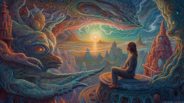 a woman sitting on a platform looking at a large creature