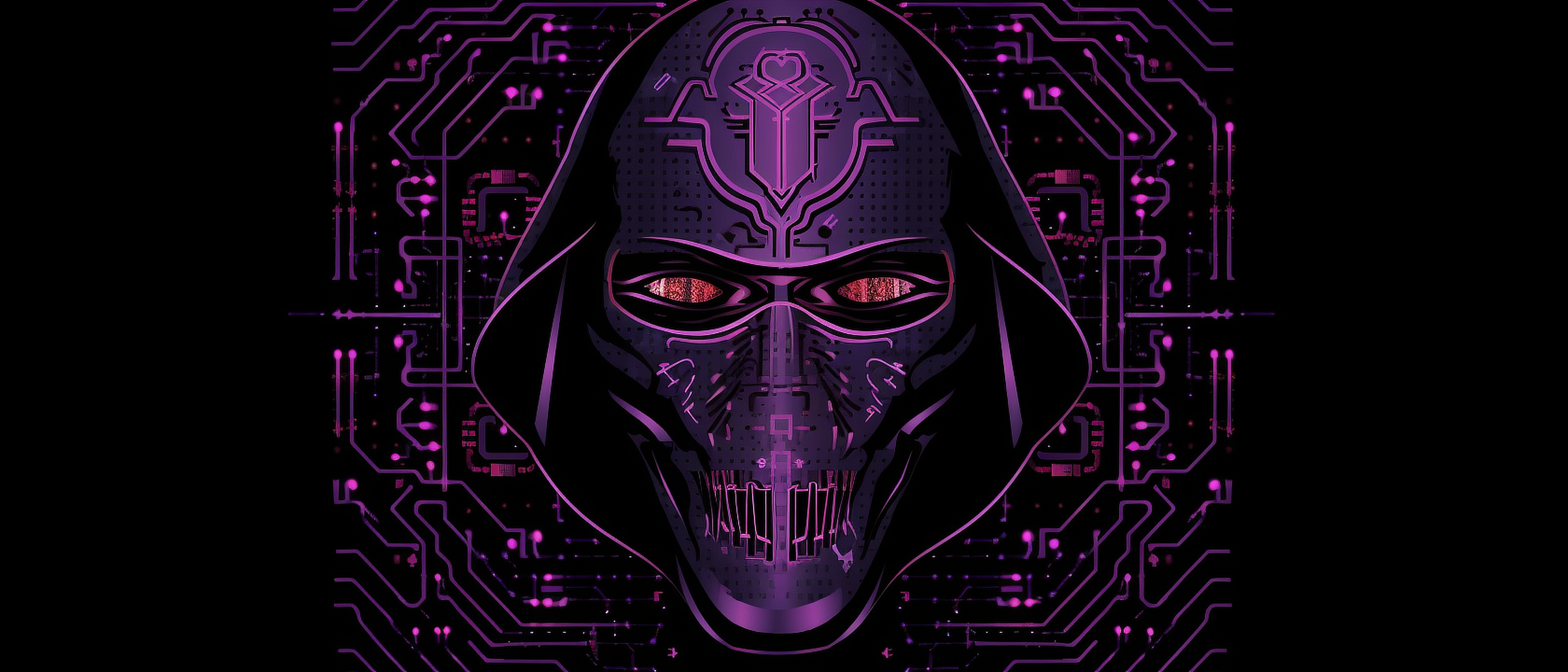 a purple mask with red eyes