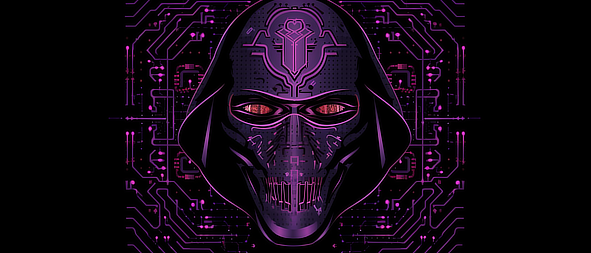 a purple mask with red eyes