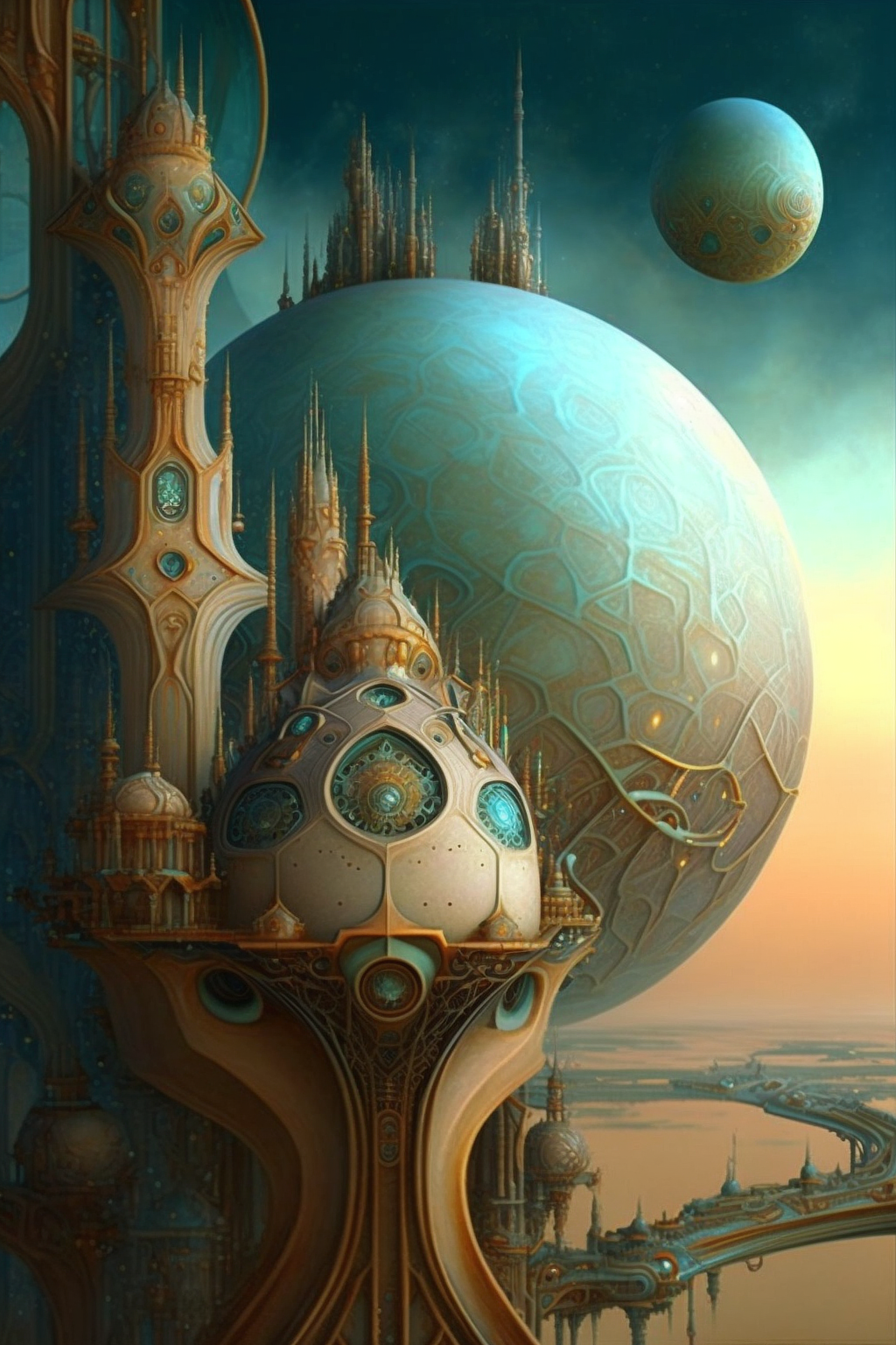 a fantasy landscape with a large round ball and a building